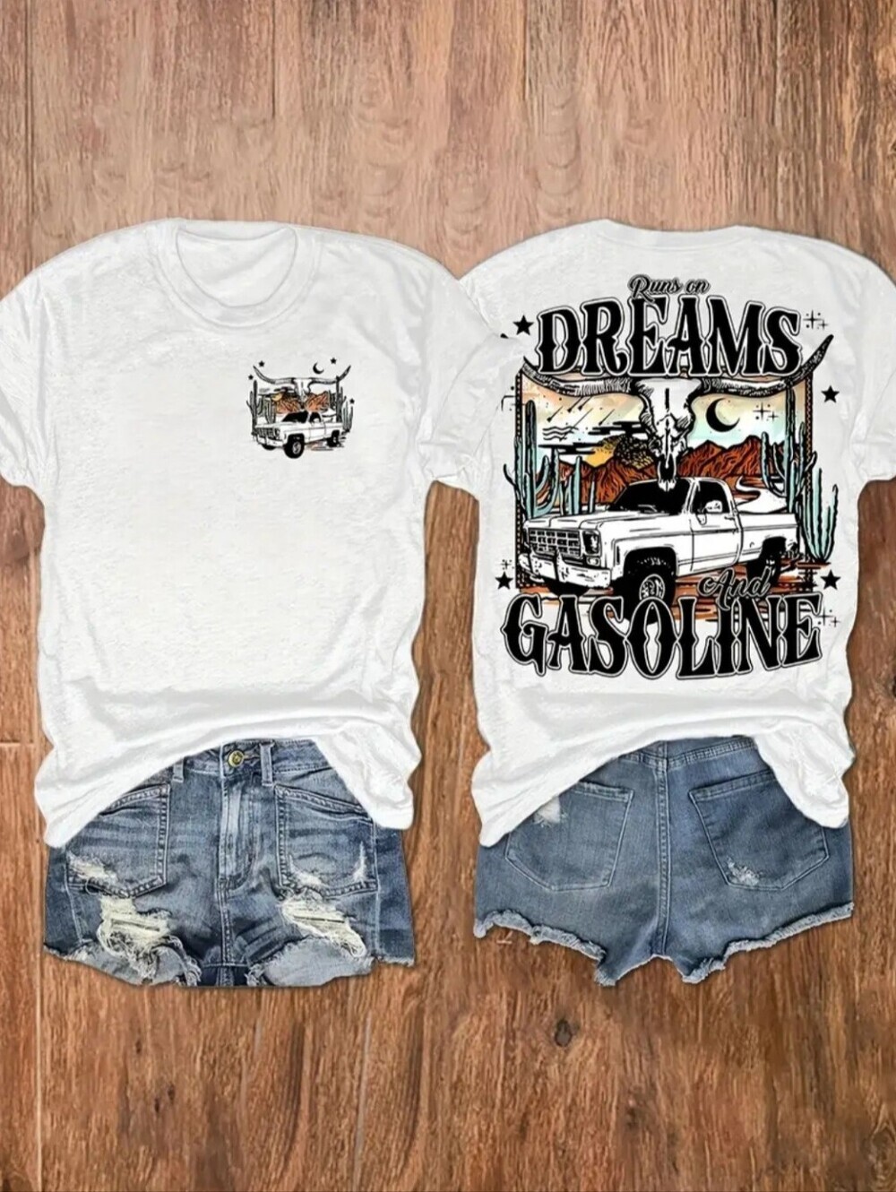 NWT White Graphic Tee with Truck and Desert Scene "Dreams And Gasoline"